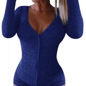 Blue Long Sleeve Stretchy Sexy Short Onesie Pajamas For Adult Women